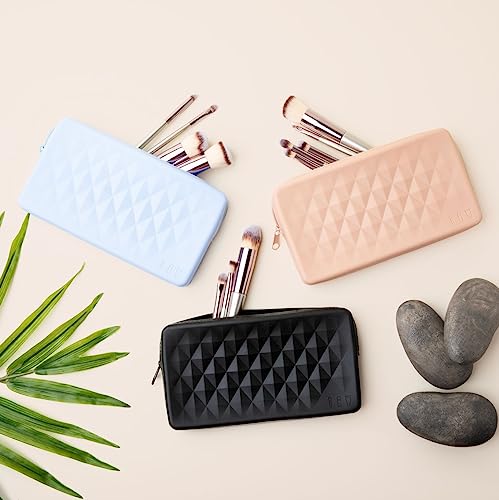 Alba By Design Silicone Makeup Brush Holder for Cosmetic Tools and More - Silicone Makeup Bag with Zipper Closure. Water Resistant Travel Makeup Brush Bag (Black)
