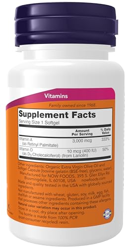 Now Foods Vitamin A & D - 10,000 & 400 IU 100 Softgels |Vitamin A 3,000 mcg (10,000 IU) | Vitamin D 10 mcg (400 IU) | Eye Health | Bone Health | Essential Nutrition