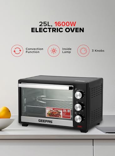 Geepas Electric Oven With Rotisserie 25L,1600W GO34040| Perfect for Baking, Roasting & Grilling - Accessories Included – 2 Years Warranty