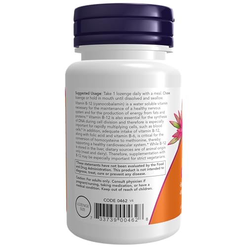 NOW Supplements, Vitamin B-12 5,000 mcg, With Folic Acid, Nervous System Health*, 60 Lozenges
