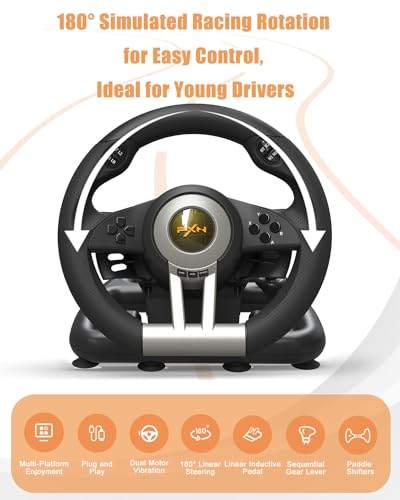 PXN V3 Pro Gaming Steering Wheel, Steering Wheel with Pedal, 180Â° PC Steering Wheel, Vibration Return, Speed Shift Paddle - Steering Wheel for PC, PS3, PS4, Switch, Xbox One and Xbox Series S & X -
