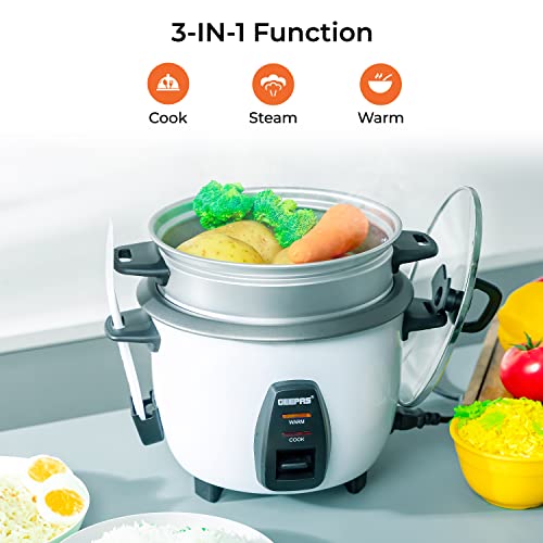 Geepas Electric rice cooker GRC4325N| 1.0L Capacity| 3 in 1| Cook, Steam and Keep Warm| Non-Stick| 450W| Single Switch | White| 2 Years Warranty