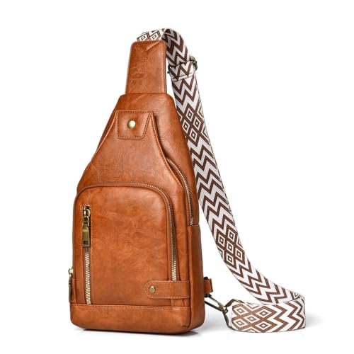 Small Sling Bag, Leather Chest Bag with Adjustable Strap, Lightweight Crossbody Backpack for Men and Women, Anti-theft PU Leather Shoulder Bag for Sports, Outdoor, Travel, Vintage Design (Brown)