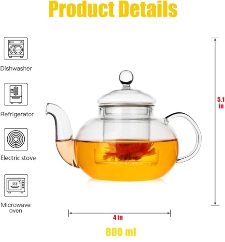 TAPIT 800ml Glass Teapot with Infuser, Borosilicate Glass Tea Kettle for Loose Leaf Tea, Transparent Teapot with glass Removable Infuser,Microwavable and Stovetop Safe (600ml-Round)