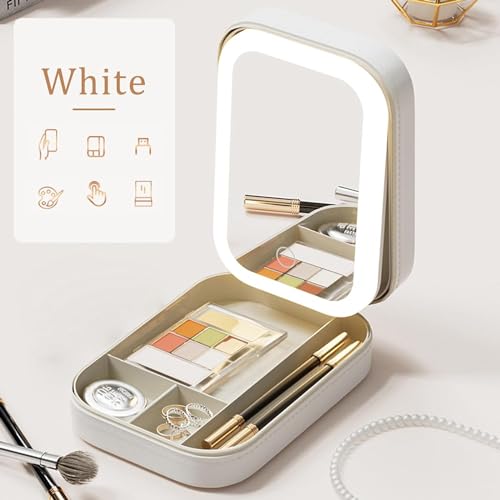 Tufexigo Travel Makeup Case with LED Mirror, Makeup Bag with Lighted Mirror, Cosmetic Train Storage Box, Portable Organizer Vanity Case for Women Beauty Tools Accessories Rechargeable (White)