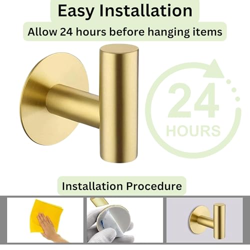 2-Pack Gold Self Adhesive Towel Hook– Self Adhesive Hooks and Towel Holders. Easy Wall Mount Golden Hooks for Coats, Keys, and Robes. Ideal Door Hanger and Towel Hook for Bathroom, Kitchen, Bedroom