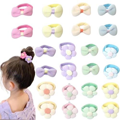Lonimia 24 Pcs Multicolor Cotton Elastic Hair Ties for Girls with Bows and Flowers, Soft Seamless Elastic Hair Bands, Perfect for Little Girls, Toddlers, Babies and Kids