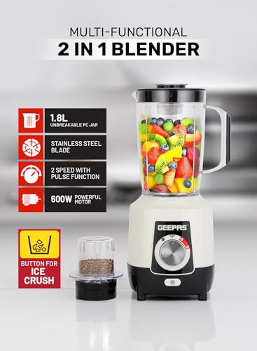 Geepas Geepas-Powerful 600W Powerful Motor Multi-functional 2 in 1 Blender with 2 Speed & Pulse Option|GSB44027T (1.8L)