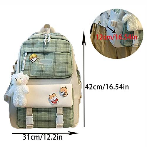 XTRANSF Kawaii Backpack 5pcs Set Aesthetic School Bags, Japanese Backpack with Badge & Pendant, Backpack Cute Aesthetic (C-Green)