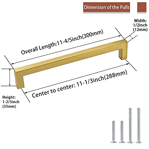 goldenwarm Gold Cabinet Hardware Drawer Pulls 10 Pack - LSJ12GD288 Modern Brushed Brass Cabinet Pulls Knobs Square Kitchen Bathroom Cabinet Door Handles 11-1/3" Hole Centers