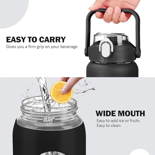 kytffu 56oz Glass Water Bottles with Straw, Motivational Glass Bottle with Silicone Sleeve and Time Marker, Leakproof Large Glass Water Jug for Gym Home Office, Black.
