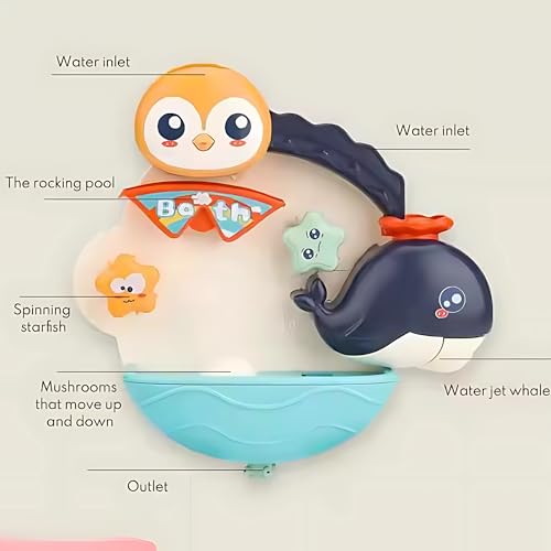 Twisoo Animal Bath Toy Set for Babies – Penguin Waterfall Bathtub Toys with Spinners & Sea Animals, Wall Water Shower Toy for Toddlers, Fun Bath Time Play, 3M+ (Blue)