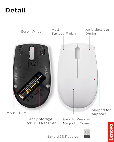 Lenovo 300 Wireless Mouse – Computer Mouse for PC, Laptop with Windows – Ambidextrous Design – 2.4 GHz Nano USB Receiver – 12 Month Battery Life