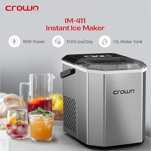 Crownline Portable Ice Maker, 12kg/Day, 1.3L Water Tank, Transparent Lid, Ice Basket, 2 Cube Sizes (S/L), Fast Ice Production – Perfect for Home, Office & Parties | IM-411