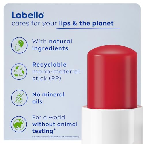 Labello Cherry Shine Lip Balm, 24H Melt-In Moisture, with Shea Butter and Natural Oils Enriched with Vitamins, with Natural Ingredients, Mineral Oil Free, Vegan, 4.8g
