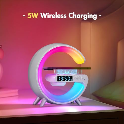 Wireless Charger Atmosphere Lamp, 2023 New Mini LED Table Lamp, Bluetooth Speaker, Dimmable Night Light Bedside Lamp Alarm Clock with Music for Christmas Birthday New Year Valentines Day Gifts