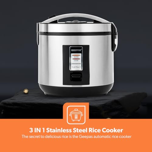 Geepas 1.8L Stainless Steel Rice Cooker- GRC4330| 700W, Non-Stick Inner Pot | Cook/Steam/Keep Warm Functions, Make Rice and Steam Healthy Vegetables | 2-Year Warranty