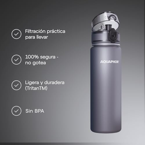 AQUAPHOR City Bottle 500ml Grey | Travel Water Bottle with Activated Carbon Filter | Filters Chlorine & Impurities | Made of Tritan & BPA-Free | Stay Hydrated On the Go!