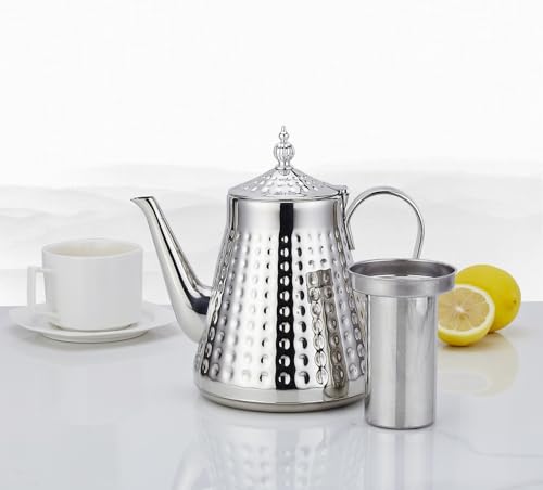 SANQIAHOME 1.6L(54oz) Stainless Steel Hammer Patterned Teapot With Removeable Infuser,Loose leaf cover,Silver