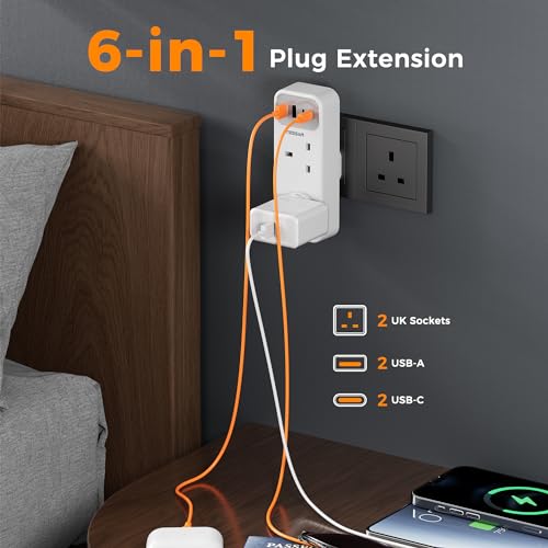 TESSAN Double Plug Adaptor with 4 USB(2 USB C), 2 Way Multi Plug Extension Adapter, UK 13A Fuse Multiplug Sockets Power Extender for Home, Kitchen, Office, School Supplies
