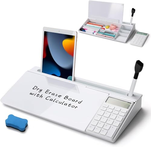 Angju Desktop Glass Whiteboard with Calculator, Organizer, Markers, Eraser, Holder - Small Dry Erase White Board Computer Pad Keyboard Stand for Home, School, Office Desk Cubicle Accessories