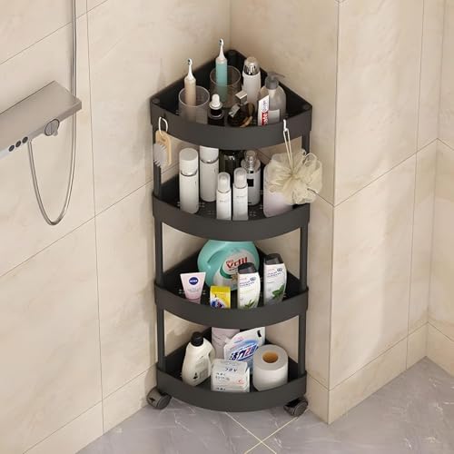 Aputue Shower Caddy Corner Shelves, 3-Tier Black Bathroom Shelving Unit Cart with Wheel, Plastic Shower Caddy Organizer Shelf, Rust Proof Corner Open Storage Cart for Bathroom, Kitchen