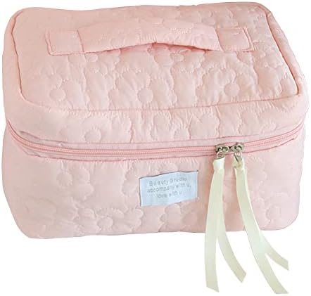 Juoxeepy Cotton Makeup Bag Large Travel Cosmetic Bag Quilted Cosmetic Pouch Coquette Aesthetic Floral Toiletry Bag, A-White, 10x5.9x5.3in