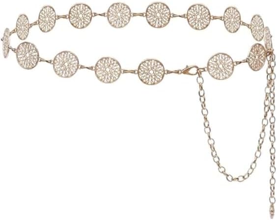 Women's Bohemian Chain Belt Dress Jeans Western Cowboy Waist Chain Belt Adjustable Metal Tapered Belt - Gold