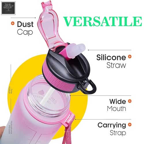 Sulfar Water Bottle 1L / 32oz with Motivational Time Marker Straw Strainer Plastic BPA Free Sport Water Bottles for kids Fitness Gym Office Outdoor Sports and Exercise| Leak Proof (Pink & Blue)