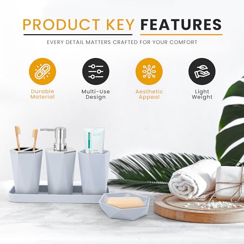 AC&L Bathroom Accessories Set, 5 Pcs Plastic Bathroom Counter Vanity Set, Liquid Soap Dispenser, Toothbrush Holder, Soap Dish, Q tips Tumbler, Vanity Tray, Modern Bathroom Decor Organizer (White)