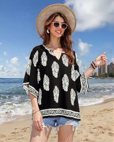 Womens Blouse, Summer Tops for Women, Ruffle 3/4 Sleeve Blouses for Women V Neck Chiffon Tunic Tops Double Layers Mesh Shirts