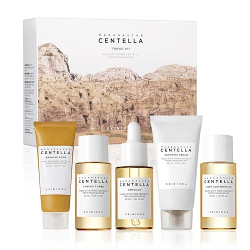 SKIN1004 Madagascar Centella Travel Kit, Toner, Ampoule, Soothing Cream, Cleansing Oil, Ampoule Foam, Basic Skincare Box, Compact Size, Soothing Calming