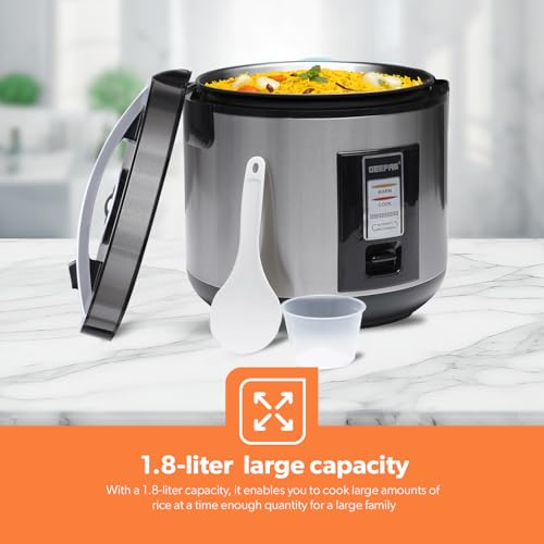 Geepas 1.8L Stainless Steel Rice Cooker- GRC4330| 700W, Non-Stick Inner Pot | Cook/Steam/Keep Warm Functions, Make Rice and Steam Healthy Vegetables | 2-Year Warranty
