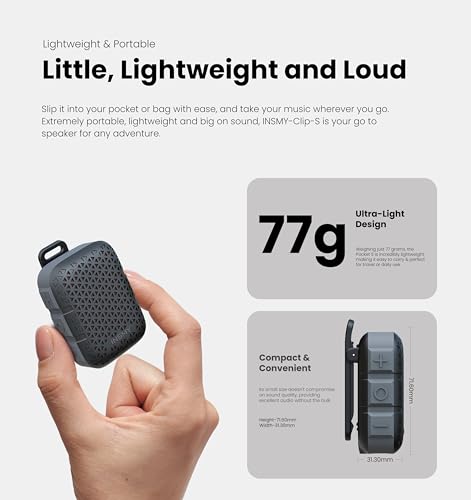 INSMY Wearable Bluetooth Speakers,IP67 Waterproof,Clip-On Portable Small Personal Speaker/Clean Sound/Stereo Pair/Wireless 5.4/ENC Built-in Mic/Lightweight for Outdoor Golf Work Pool (Black)
