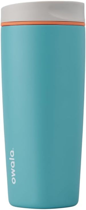 Owala SmoothSip Slider Insulated Stainless Steel Coffee Tumbler, Reusable Iced Coffee Cup, Hot Coffee Travel Mug, BPA Free 20 oz, Tan/White (Vanilla Bean)
