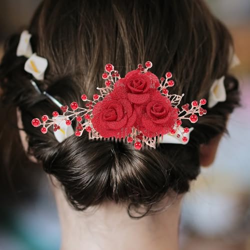 2 Pcs Red Hair Accessories, Gold Rose Bridal Side Combs Floral Rhinestone Pearl Vintage Decorative Crystal Emerald Headpiece Wedding Sparkly Accessory for Women