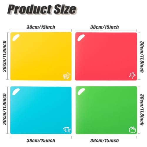 4Pcs Chopping Boards Cutting Board Multipurpose Colored Mats Anti-Skid Chopping Board Set Easy Hanging Boards with Colored Food Icons, Multipurpose, Dishwasher Safe Material (4 Colors)