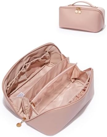 EACHY Travel Makeup Bag,Large Capacity Cosmetic Bags for Women,Waterproof Portable Pouch Open Flat Toiletry Bag Make up Organizer with Divider and Handle