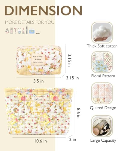 Sminra Floral Makeup Bag Large Cotton Quilted Cosmetic Makeup Bag Organizer, Aesthetic Portable Pouch Purse Toiletry Bag for Women Girls Travel accessories(Blue Floral-L)