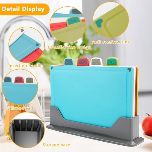 AMERTEER Cutting Board Set, Chopping Board Kitchen with Non-Slip Base & Food Indicators, 4-PCS Silicone Thick Cutting Mats with Storage Stand, Perfect for Fruits & Vegetables, Home and Everyday use