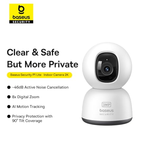Baseus P1 Lite Pan Tilt Security 2K Indoor Camera, 3MP HD Clarity, 2-Way Audio, Night Vision, Up to 256 GB SD Card Local Storage, Motion Tracking for Baby/Pet Monitor, Works with Alexa & Google HomeMP