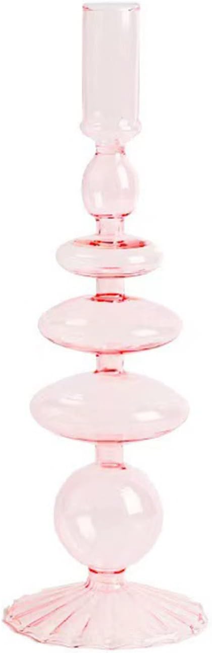 LKPOMI Glass Candlestick Holders - Colorful Glass Taper Candle Stand - Modern Elegant Candle Sticks - Pink
