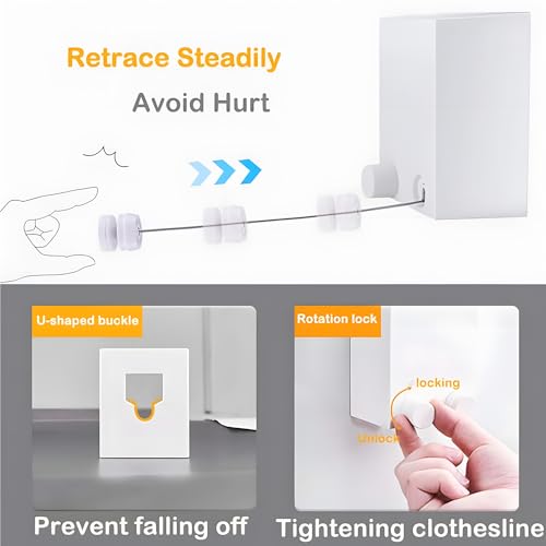 Xspring Retractable Clothesline, Self Adhesive Wall Mounted Telescopic Clothesline, 4.2M Retractable Clothesline Indoor Stainless Steel Adjustable for Hanging Clothesline in Hotels (White)