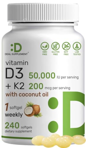 DEAL SUPPLEMENT Vitamin D3 50,000 IU + K2 MK7 200 mcg,240 Softgels | Virgin Coconut Oil, Max Strength Vitamin D & K, Promotes Heart, Bone, & Teeth Health â€“ One Softgel Weekly, Easy to Swallow
