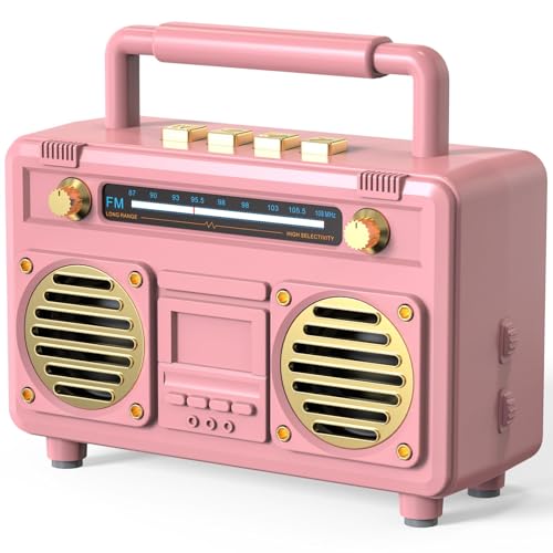 Azonee Mini Retro Bluetooth Speaker, Portable Bluetooth Stereo Speaker, Small Vintage Wireless Speaker Support TF Card - USB, for Travel, Home, Beach, Kitchen for Android/iOS Devices (Pink)