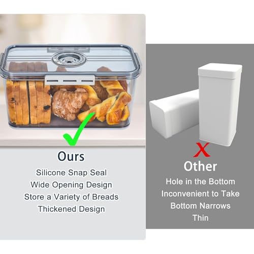 Baoly Bread Box for Kitchen Counter, Airtight Loaf Bread Storage Container with Time Recording Dial, Grey, 32.5 cm (L) x 17.5 cm (W) x 15 cm (H), Ideal for Bread, Pastries, Snacks, and Fruits