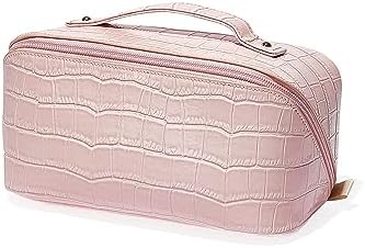 EACHY Travel Makeup Bag,Large Capacity Cosmetic Bags for Women,Waterproof Portable Pouch Open Flat Toiletry Bag Make up Organizer with Divider and Handle