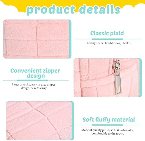 SYOSI Plush Makeup Bag, , 3 Pcs Checkered Cosmetic Bag Zipper Travel Bag Portable Multi Functional Capacity Bag Cute Makeup Brushes Storage Bag, Pink, Blue, White
