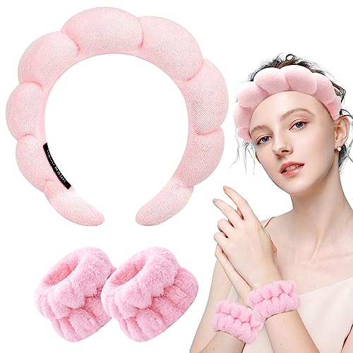 Zkptops Spa Headband for Washing Face Wristband Sponge Makeup Skincare Headband Terry Cloth Bubble Soft Get Ready Hairband for Women Girl Puffy Padded Headwear Non Slip Thick Hair Accessory(Pink)