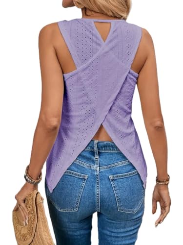 Women's Sleeveless Tank Top, Eyelet Embroidered, Crisscross Back Design,Crew Neck